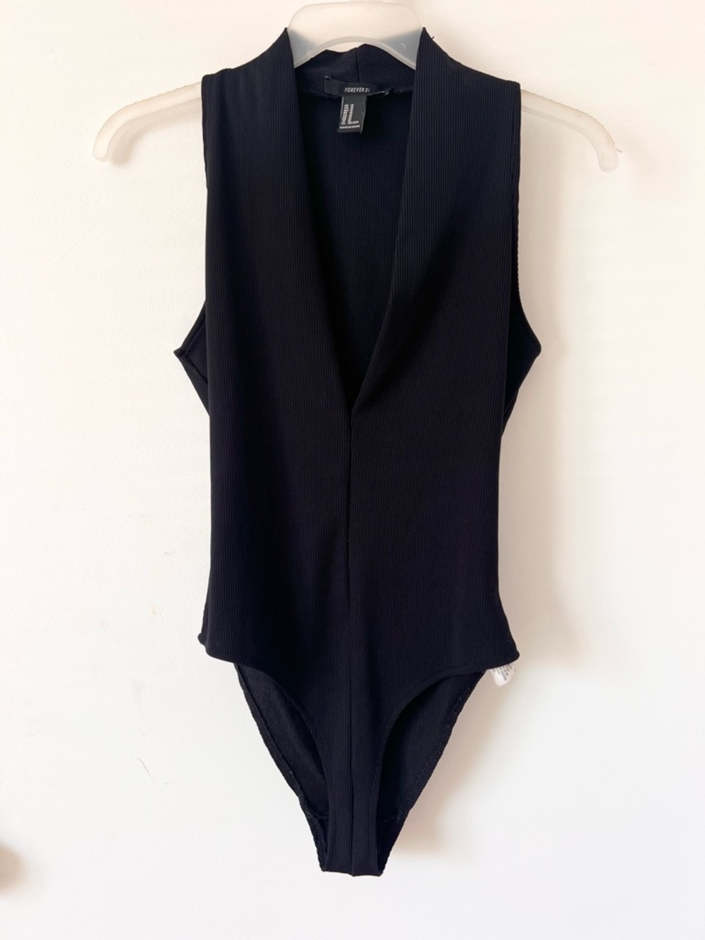 Forever 21 Black Ribbed V-Neck One-Piece Bodysuit